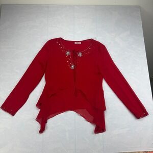 Kaelyn-Max Blouse Top Women Large Red Chiffon Sequin Studded Snowflake Tie Front